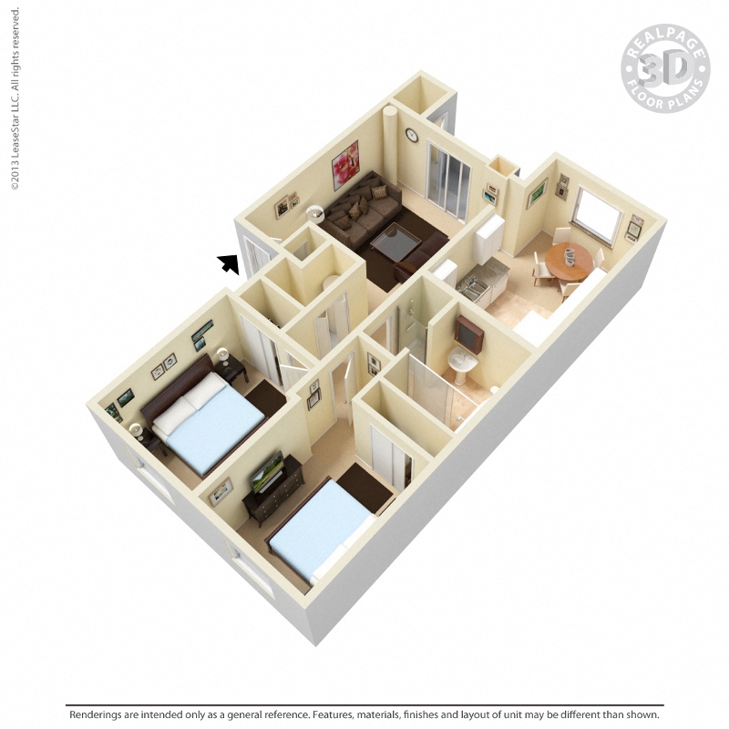 Floor plan for 2 beds, 2 baths, 868 sqft